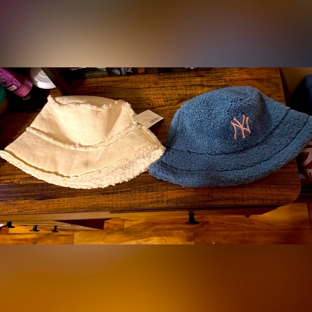 Fashion Bucket Hat Set of 2- Cream Forever21 NEW & Blue NY hat